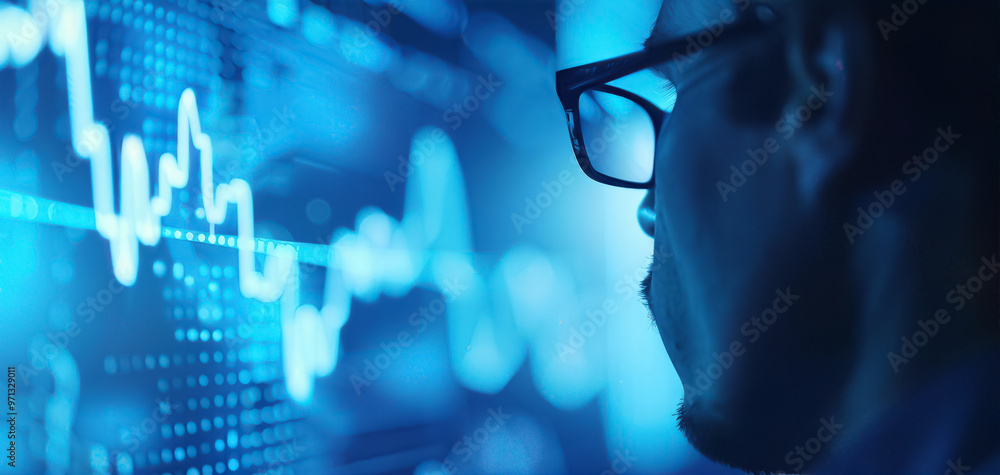 Business analyst examining holographic financial charts, Futuristic, Blue tones, Digital art, Detailed and professional setting Business analyst examining holographic financial charts, Futuristic, Blue tones, Digital art, Detailed and professional setting