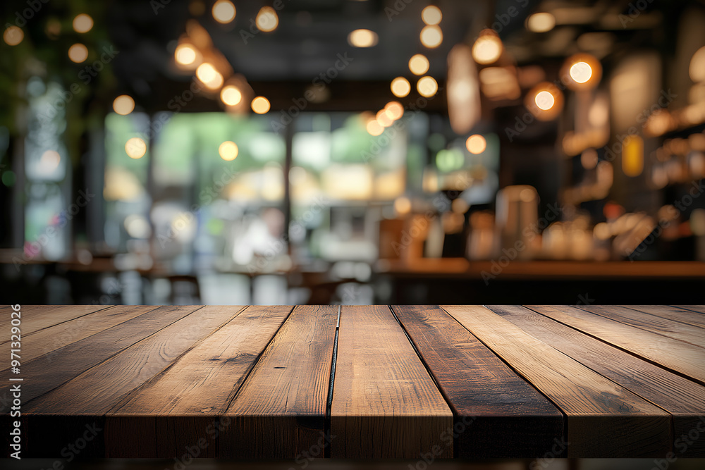 Empty wood table with blur interior coffee shop restaurant or cafe for background Empty wood table with blur interior coffee shop restaurant or cafe for background