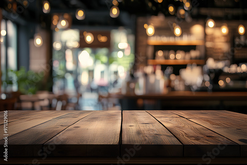 Empty wood table with blur interior coffee shop restaurant or cafe for background