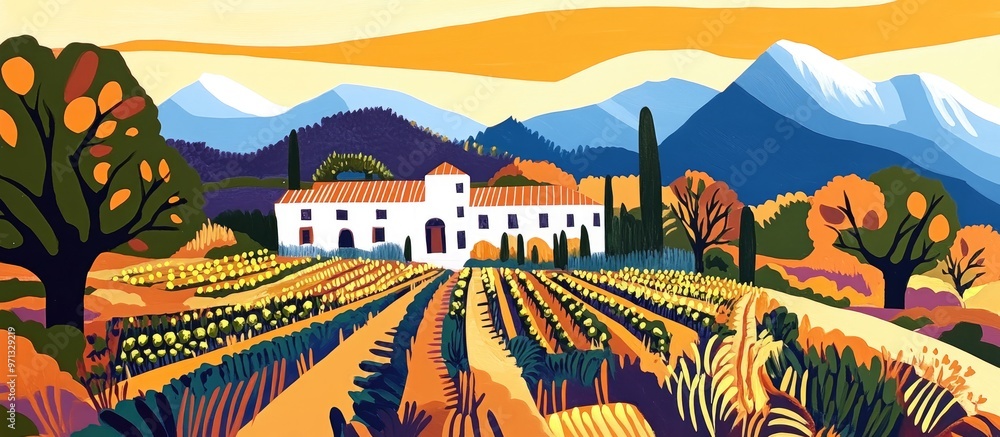 A view of a picturesque winery surrounded by lush vineyards A view of a picturesque winery surrounded by lush vineyards