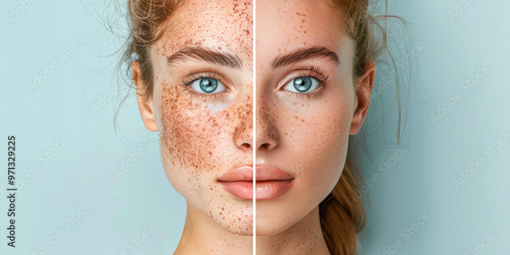 Before and after close-up comparison of a woman's face with freckles ...