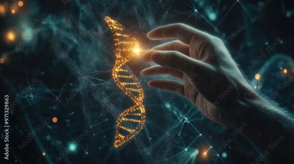 A hand reaching out to grasp a glowing, golden DNA helix against a background of glowing, blue, nebula-like particles. A hand reaching out to grasp a glowing, golden DNA helix against a background of glowing, blue, nebula-like particles.