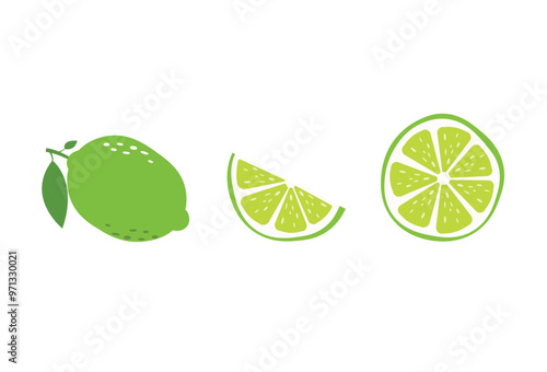 Fresh Lime Collection. Whole and Sliced Citrus Illustrations. Vector Set. EPS 10
