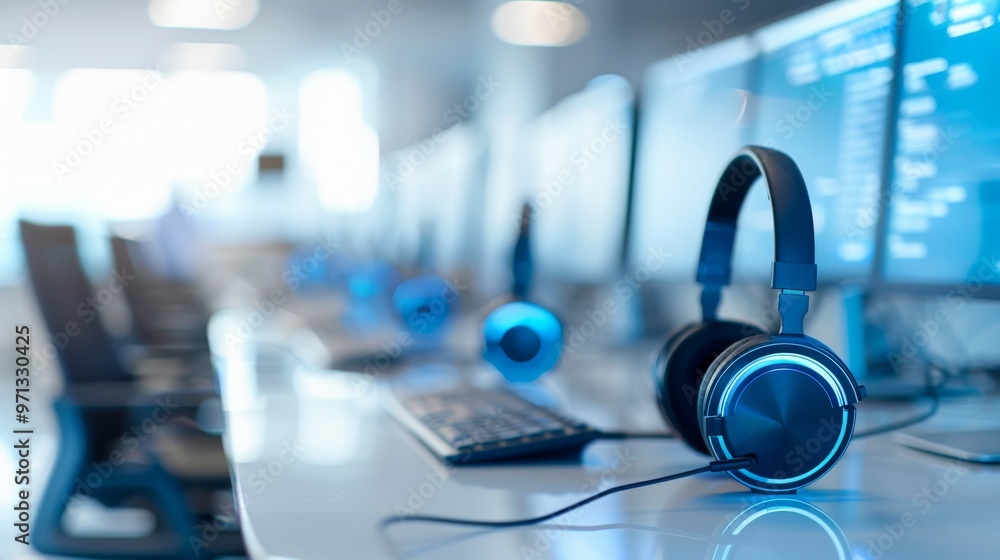Modern workspace, sleek monitors lined for productivity, stylish headphones ready for focused tasks, high-tech environment emphasizing communication and collaboration. Modern workspace, sleek monitors lined for productivity, stylish headphones ready for focused tasks, high-tech environment emphasizing communication and collaboration.