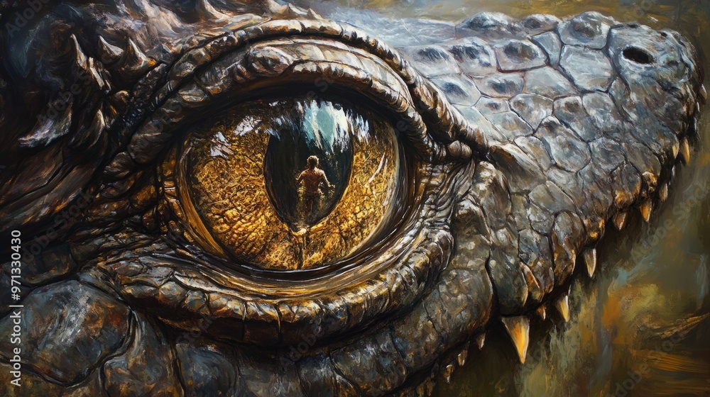 Close-up of a crocodile's eye with a reflection of a person running in the background. Close-up of a crocodile's eye with a reflection of a person running in the background.