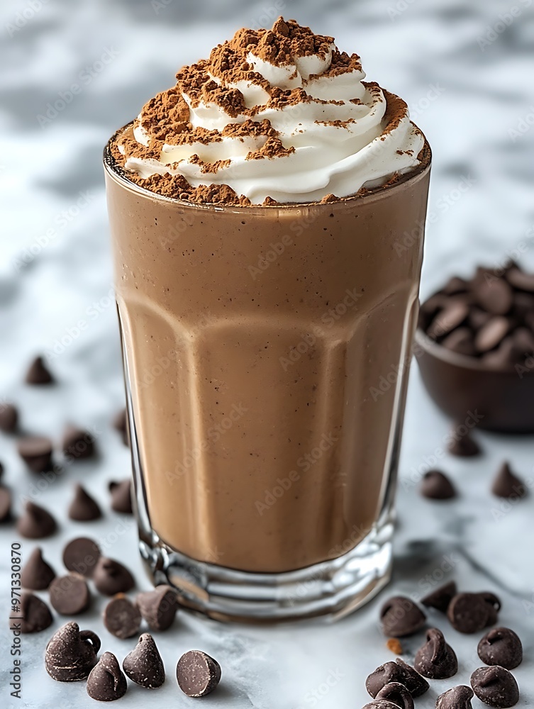 Chocolate smoothie in a clear glass with cocoa powder, chocolate chips, and a dollop of whipped cream on the side Chocolate smoothie in a clear glass with cocoa powder, chocolate chips, and a dollop of whipped cream on the side