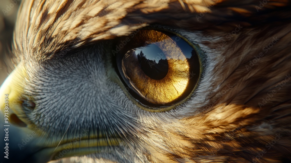 Closeup of a golden eagle's eye, showing detail of feathers and reflection. Closeup of a golden eagle's eye, showing detail of feathers and reflection.