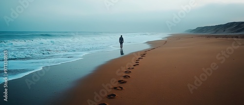 Lone silhouette of a person standing at the edge of the ocean with reflective footprints leading to them in the sand evoking a sense of contemplation and introspection in the peaceful photo