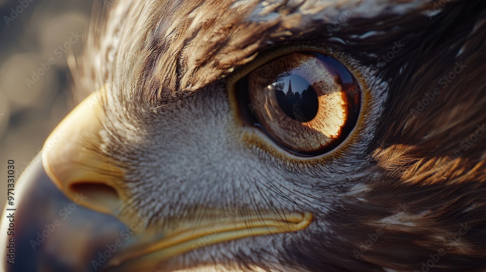Close-up of a hawk's eye with a reflection of a city skyline. Close-up of a hawk's eye with a reflection of a city skyline.