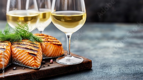 Chardonnay with grilled salmon, dill garnish, vibrant presentation, 3D illustration