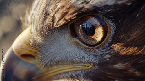 Fototapeta Naklejka Na Ścianę i Meble -  Close-up of a hawk's eye with a reflection of a city skyline.