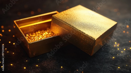 Golden Surprise: Luxurious 3D Rendering of Elegant Gift Box Being Opened with Shiny Texture and Festive Look