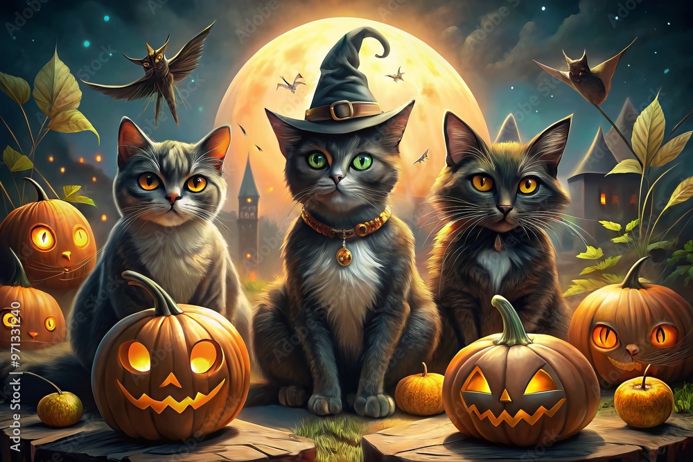 Whimsical spooky cat pictures Halloween night Whimsical spooky cat pictures Halloween night