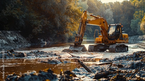 Wallpaper Mural Yellow excavator operating in river  captivating landscape of heavy machinery at work Torontodigital.ca