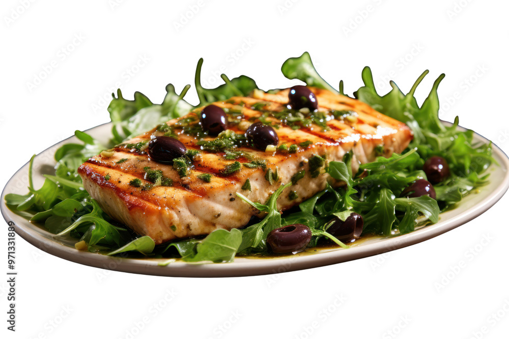 Photo of shark fin steak served on fresh vegetables with tangy dressing, isolated on white background. Photo of shark fin steak served on fresh vegetables with tangy dressing, isolated on white background.