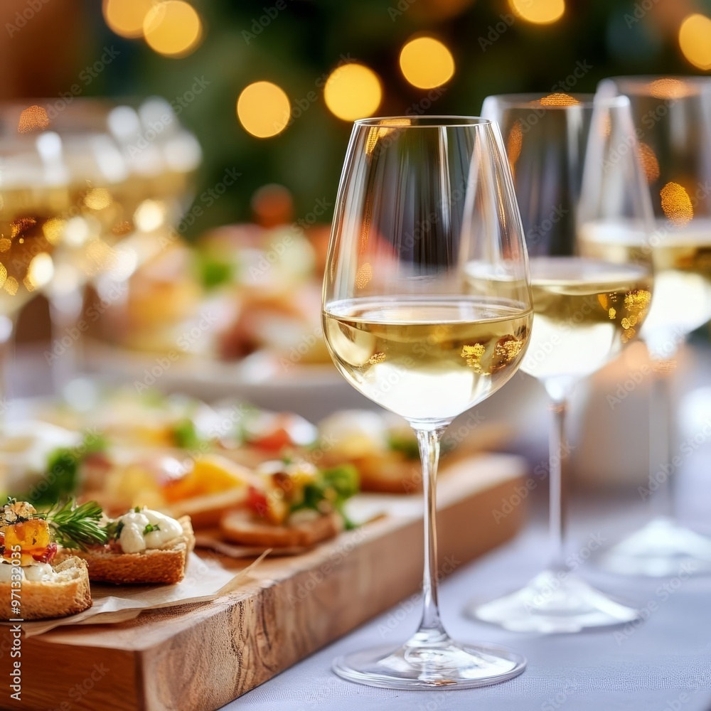 Elegant buffet with white wine and a selection of appetizers, Wine White Pairing, Party and Celebration Elegant buffet with white wine and a selection of appetizers, Wine White Pairing, Party and Celebration