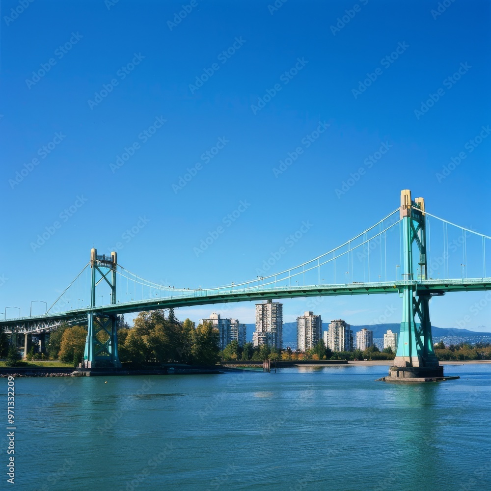 Fototapeta premium Crisp and detailed image capturing the iconic Lion's Gate Bridge in Vancouver, featuring its tall