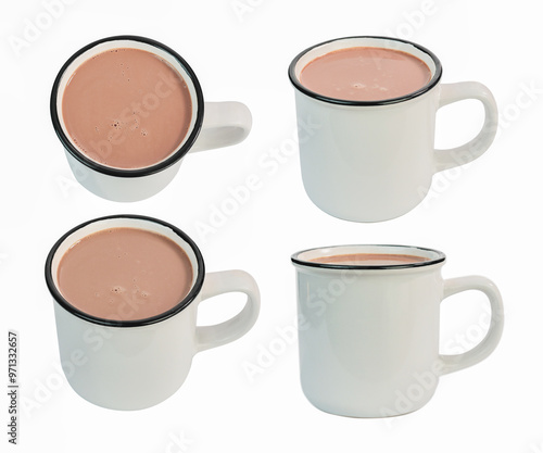 set of hot chocolate drink in white mug, shoot in difference angles, top view and side view isolated on white background.