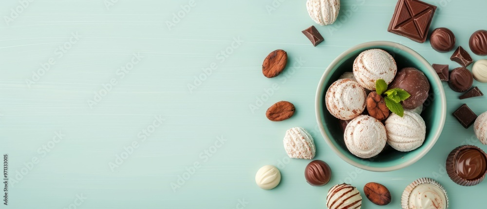 Decadent chocolate assortment with creamy truffles, textured meringues, and crunchy nuts arranged elegantly in a teal bowl on a smooth mint backdrop. Decadent chocolate assortment with creamy truffles, textured meringues, and crunchy nuts arranged elegantly in a teal bowl on a smooth mint backdrop.