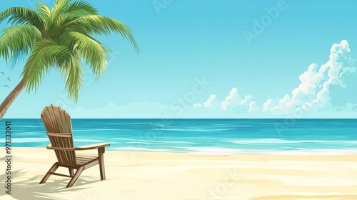 A beach scene with a chair and a palm tree