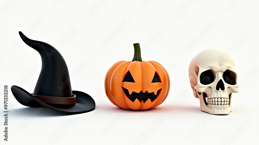 Three Dimensional Wizard Hat Evil Pumpkin Skull Image on White Background Three Dimensional Wizard Hat Evil Pumpkin Skull Image on White Background