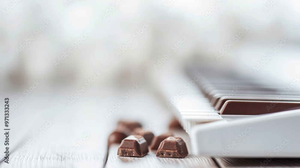 Sweet Melodies of Chocolate, A soft focus captures a white piano alongside rich dark chocolate pieces, creating a serene and indulgent atmosphere of creativity. Sweet Melodies of Chocolate, A soft focus captures a white piano alongside rich dark chocolate pieces, creating a serene and indulgent atmosphere of creativity.