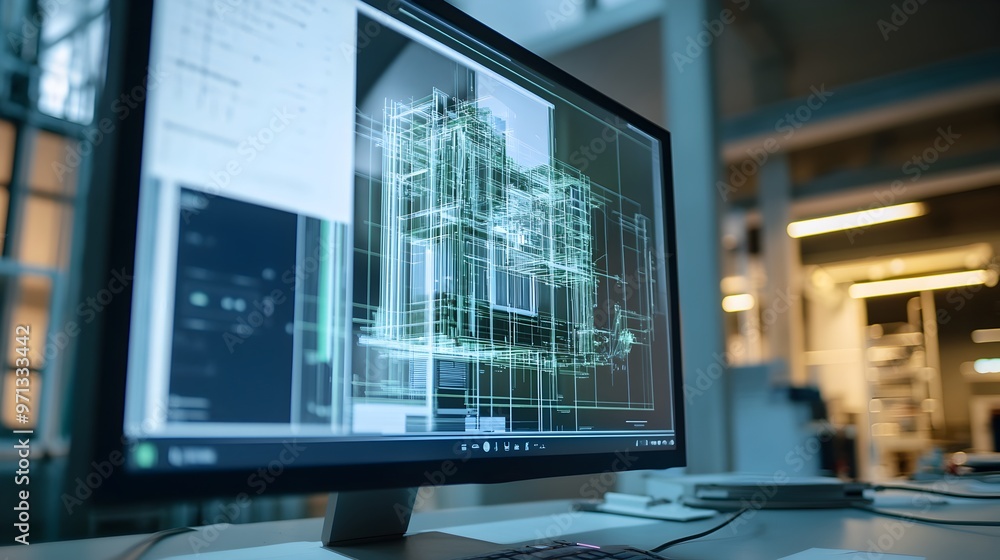 Fototapeta premium A futuristic virtual twin interface with a wireframe architecture and digital blueprint design,showcasing a sophisticated technological workspace with a focus on data,software.