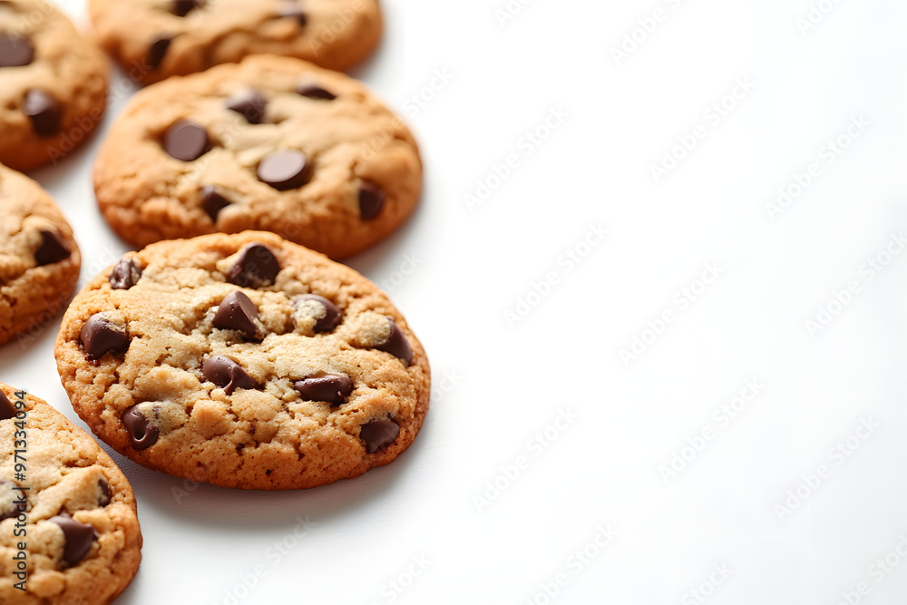 A collection of warm, freshly baked chocolate chip cookies rests on a clean, white countertop, showing gooey chocolate chips melting and inviting taste. A collection of warm, freshly baked chocolate chip cookies rests on a clean, white countertop, showing gooey chocolate chips melting and inviting taste.