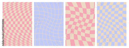 Groovy hippie 70s posters. Checkerboard, chessboard, mesh, waves patterns. Twisted and distorted vector texture in trendy retro psychedelic style. Y2k aesthetic.