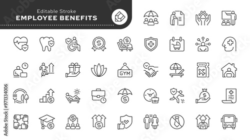 Employee benefits line icon set. Maternity leave, paid leave, meals, insurance, company transport, bonuses, protection from dismissal and more. Outline icon in linear style. Vector collection. photo