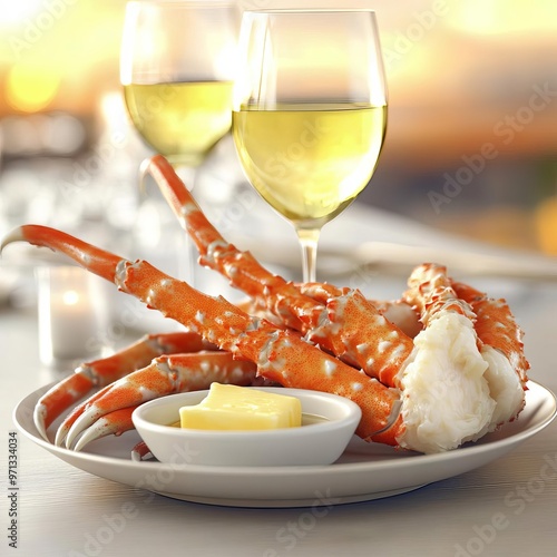 Pinot Blanc with crab legs, butter dipping sauce, upscale dining, 3D illustration photo