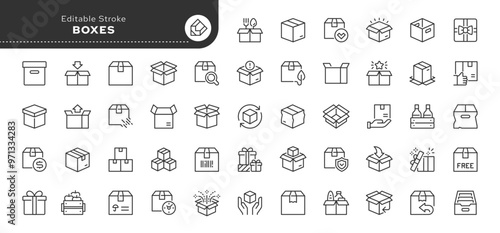 Box and packaging line icon set. Cargo, open, closed, crumpled box, delivery, pack box and others. Outline vector icon in linear style. Conceptual pictogram collection.