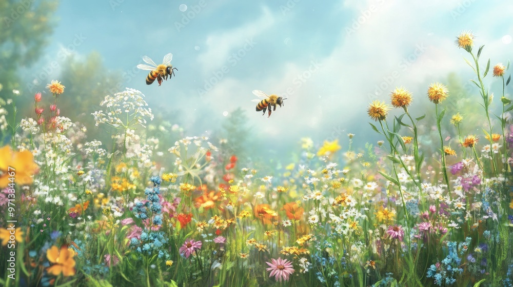Two bees flying over a colorful meadow filled with wildflowers against a blue sky. Two bees flying over a colorful meadow filled with wildflowers against a blue sky.
