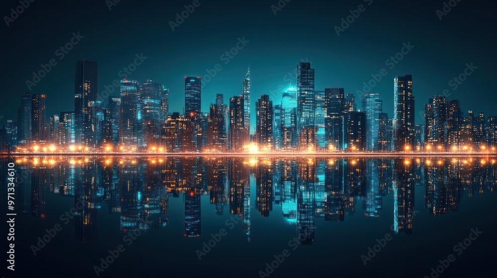 Digital Skyline: Illuminated Skyscrapers and Calm Reflections. Digital Skyline: Illuminated Skyscrapers and Calm Reflections.