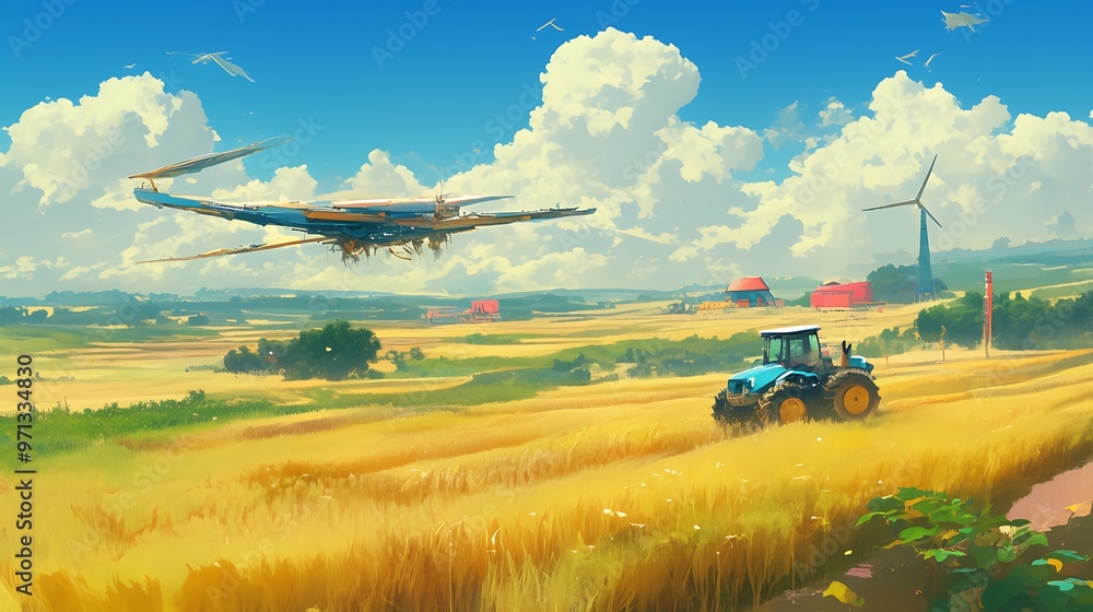 Fototapeta premium A futuristic aircraft flying over a rural landscape with a tractor and a windmill