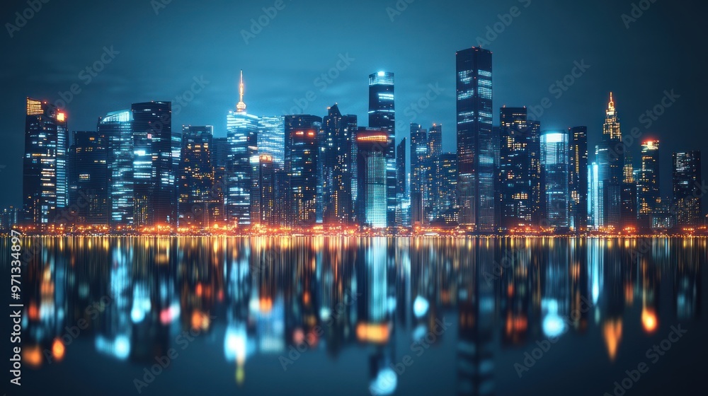 Obraz premium Digital Skyline: Illuminated Skyscrapers and Calm Reflections.