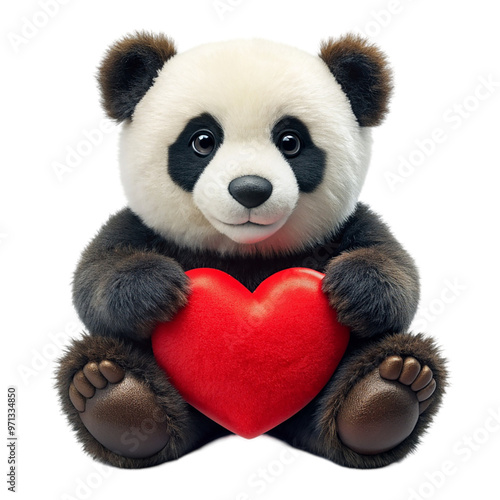 Cuddly panda holding a crimson heart Isolated on transparent background.