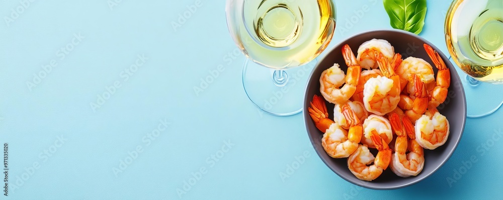Riesling with spicy shrimp, dynamic pairing, vivid colors, 3D illustration Riesling with spicy shrimp, dynamic pairing, vivid colors, 3D illustration