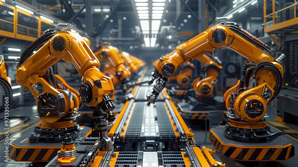 Robotic Arms Working on a Conveyor Belt in a Factory Robotic Arms Working on a Conveyor Belt in a Factory