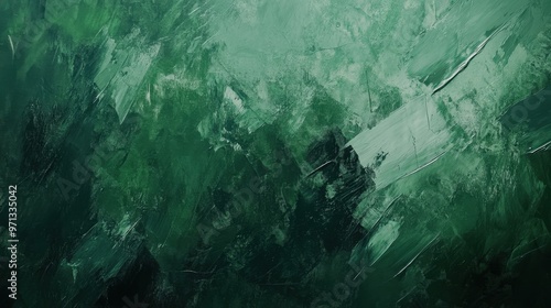 Abstract painting with layered brush strokes in deep green tones forming a textured background suitable for banners or headers in creative projects