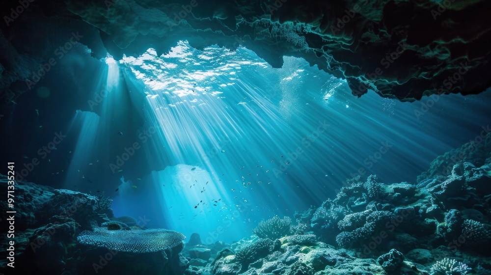 Obraz premium Sunlight Beams Underwater Cave