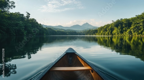 Canoe floating on a calm serene lake surrounded by lush nature and distant mountains reflecting in the tranquil waters