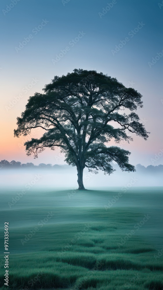 A solitary tree stands in a misty landscape at dawn, creating a serene and tranquil scene. A solitary tree stands in a misty landscape at dawn, creating a serene and tranquil scene.
