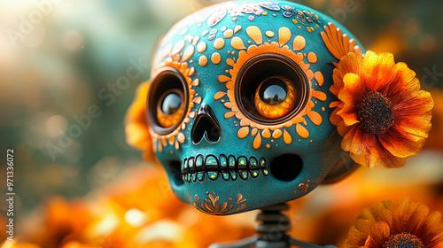 minimal calaca skeleton with bright colors on solid teal background, playful representation of Dead Day photo