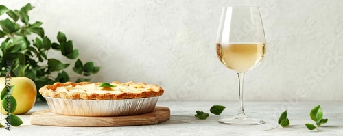 White wine and apple pie, rustic dessert scene, 3D illustration photo