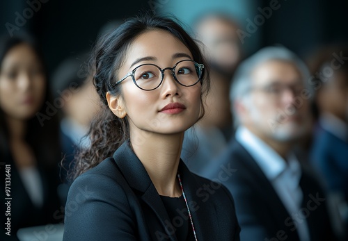 A young woman in a black blazer and round glasses looks up thoughtfully, sitting in a conference room setting.