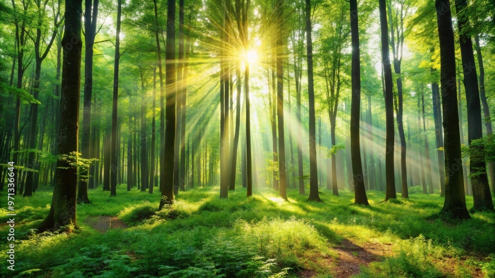 Obraz premium Sunlight filtering through tall trees in a lush green forest, creating a serene and peaceful atmosphere
