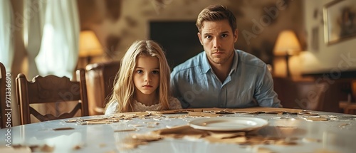 Torn and damaged family portrait sitting on an empty dining table symbolizing estrangement fractured relationships and a once cherished domestic space now in disarray photo