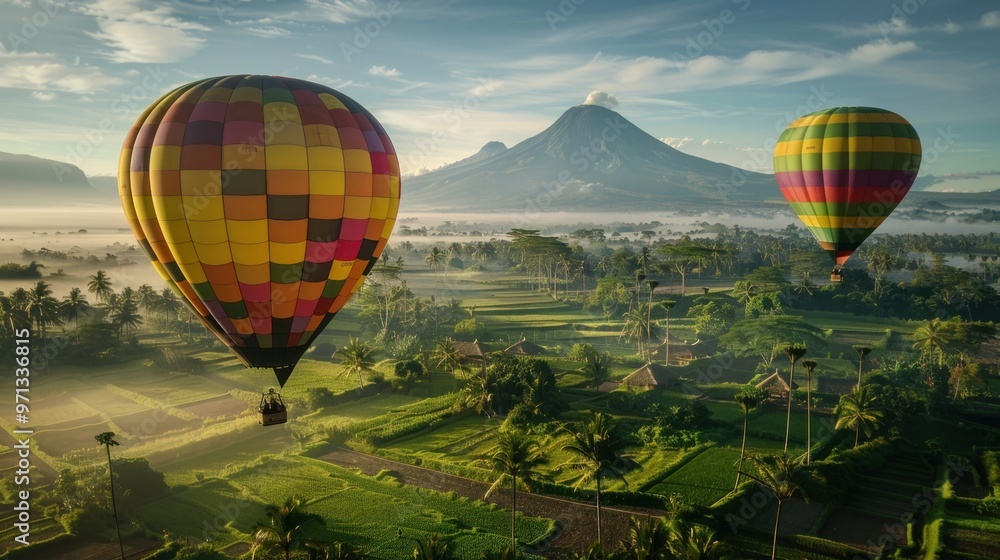 Hot Air Balloons Soaring Above Lush Green Landscape Hot Air Balloons Soaring Above Lush Green Landscape
