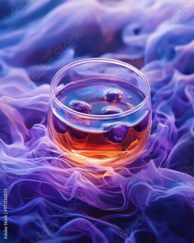 Glass of Liquid with Purple Smoke Background